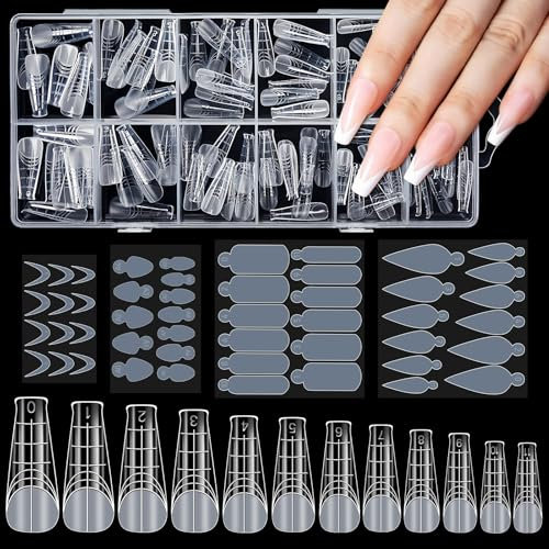 Becellen 120 Stück Dual Tips Nägel Set, Transparent Dual Nail Forms mit 48 Stücke Nagelaufkleber Volle Abdeckung Polygel Tips mit Größenskala Acrylic Polygel Nagelverlängerung für Nagel Art