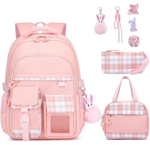 KEBEIXUAN Girls School Bag Sets - Kawaii Personalised Kids Backpack, Water Resistant Rucksack for Primary Middle School, Pink