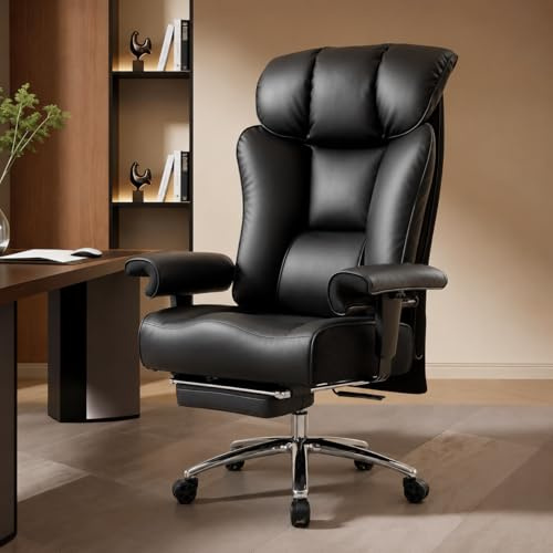 Efomao Fauteuil de Bureau Grande Taille, Chaise Ergonomique en Similicuir PU 200KG, Siège Ordinateur Réglable à Dossier Haut, Fauteuil Pivotant avec Appuie-Tête et Accoudoirs
