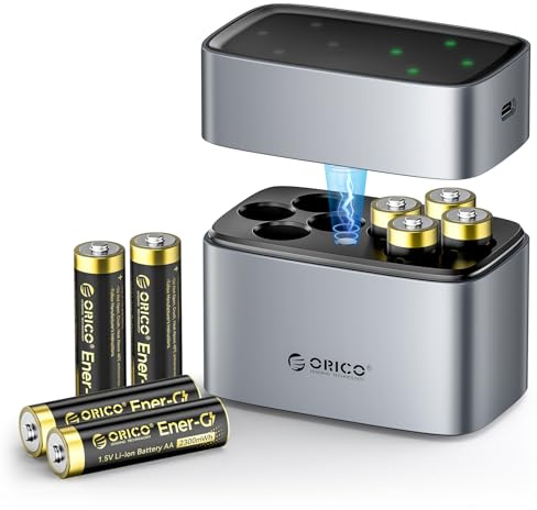 ORICO Cargador de Pilas AA de Litio con 8 Ranuras, 8 Pilas AA Recargables (1,5V), 1500+ ciclos, Carga rápida 2,5h vía Type-C, Adecuado para Controles remotos, Juguetes electrónicos