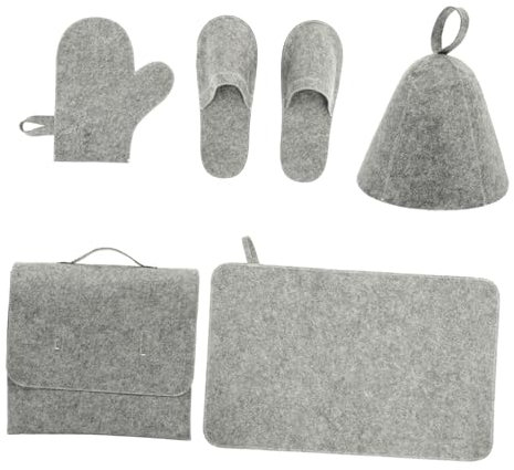 BESTYASH 5pcs Sauna Set Gray Felt Sauna Hat Bathing Gloves Absorbent Shower Gloves and Slippers Storage Bag Lightweight Breathable Accessories for Women Bathroom Use