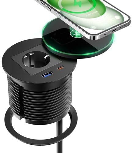 Multiprise Encastrable USB C PD 30W avec Chargeur sans Fil 15W, Prise Encastrable Plan de Travail USB C, Bloc Prise Escamotable pour Meubles, Cuisine, Bureau 2M Câble, Diamètre 80mm, Noir