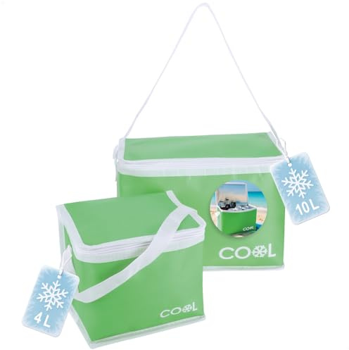 com-four® 2X Kühltasche 4 L / 10 L - Faltbare Thermo-Kühlbox - leichte Isoliertasche für Camping & Outdoor mit Schultergurt und Tragehenkel - Picknicktasche mit Reißverschluss (2-teilig - grün)