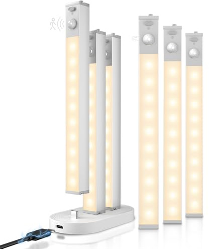 Schranklicht mit Bewegungsmelder -Kleines Aluminium LED Schrankbeleuchtung mit Lade-dock- 6 Stück Dimmbare Warmweiß Nachtlicht Sensor Licht für Kleider Schrank Treppe Flur Beleuchtung, 3000K