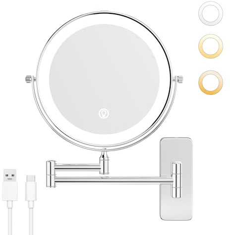 Nicesail Wand Kosmetikspiegel mit Beleuchtung und Vergrößerung 5X - Wiederaufladbar - 3-Farben-Licht - Einstellbare Helligkeit - Touch-Steuerung - Chrom - Bad Vergrößerungsspiegel Ausziehbar,Φ 20cm