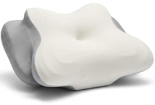 Karmaixon Oreiller Ergonomique Cervical Mémoire Forme Oreiller Papillon 3 Zones Soutien Nuque pour Dormeurs Côté et Dos Anti-Ronflement (Gris+Blanc, Hauteur Fixe)
