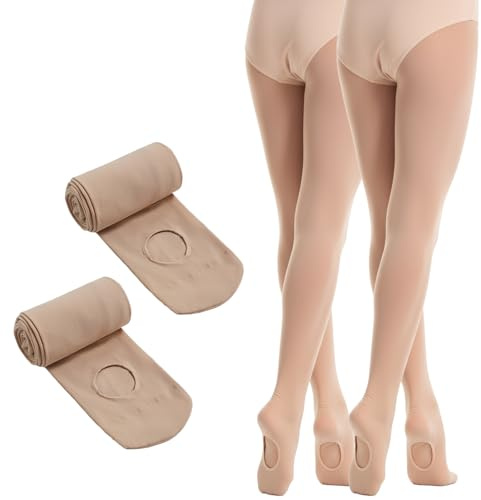 viiotu 2 Pairs 60D Girls Ballet Tights - Ultra Soft Convertible Dance Tights with Elastic Waist & Reinforced Crotch (UK, Age, 12 Years, 16 Years, Regular, Skin 2 Pairs)