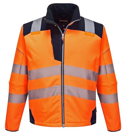 Portwest T402 Men's PW3 Hi Vis Safety Jacket - Windproof Water Resistant High Visibility Reflective Softshell Jacket Orange/Navy, XX-Large