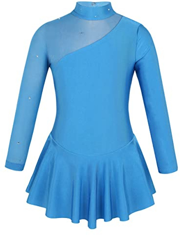TiaoBug Abito da Pattinaggio Artistico sul Ghiaccio per Ragazze Bambine Concorso Gara di Pattinaggio di Figura Vestito da Balletto Pattinatrice a Maniche Lunghe 4-14 Anni Blu A 12 Anni