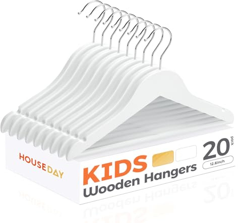 HOUSE DAY Grucce in legno per bambini, confezione da 20 grucce in legno per vestiti per bambini, con barra antiscivolo per pantaloni, gancio girevole a 360°, bianco