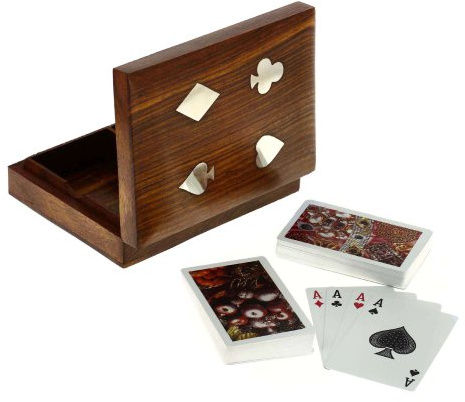 Ajuny Scatola Porta Carte da Gioco Decorativa in Legno Realizzata a Mano con Doppio Mazzo Organizer con 2 Set di Carte da Gioco Ace Intarsiate in Ottone 6.25 x 4.75 x 1.5 Pollici