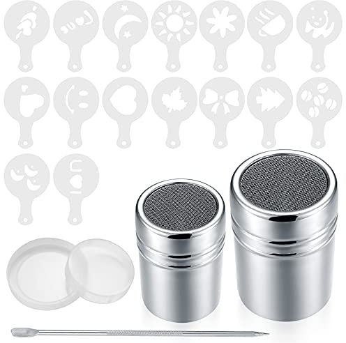 2 Pcs Chocolate Shaker Set, Coffee Sprinkles Powder Set, Stainless Steel Mesh Icing Sugar Dusters Shaker for Cocoa, Cappuccino, Powder, Baking, with 16 Pcs Stencils, 1 Coffee Art Pull Pin