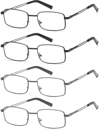 HIGHLIKE 4-Pack Reading Glasses Men, Metal Stainless Flex Readers with Soft Cases, Clear Lens Blue Light Glasses, 2 Black 2 Gunmetal 2.0 x