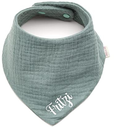 Personalisiertes Dreieckshalstuch aus Baumwolle, Halstuch für Jungen, Mädchen, Unisex, mit Druckknopfverschluss, in verschiedenen Farben mit Wunschnamen-Musselin (Dunkelmint)