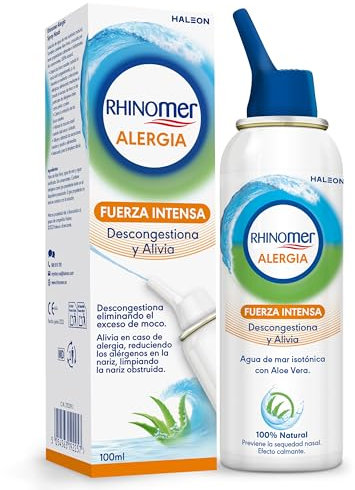 Rhinomer Alergia Spray Nasal 100% natural, Agua de mar isotónica con Aloe Vera, descongestiona y alivia en caso de alergia, Fuerza Intensa para adultos, 100 ml