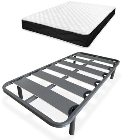 Homey - Cama Completa con Colchón Sleep Pro Reversible + Somier de Láminas Reforzado con 4 Patas Cilíndricas Metálicas Roscadas, 90 x 190