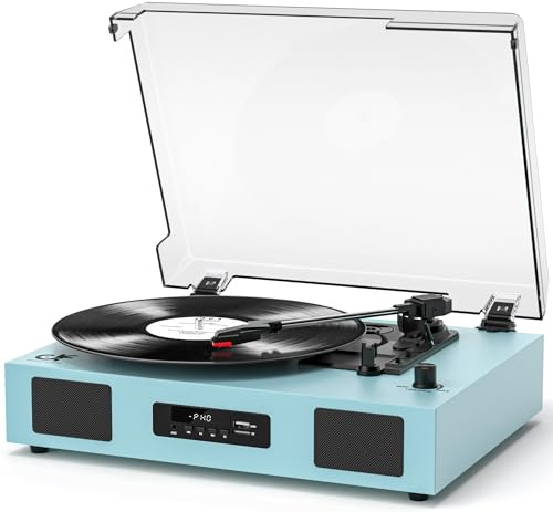 Vinylskivspelare vintage trådlös Bluetooth-skivspelare med förbättrade högtalare, USB-inspelning, LP-spelare med 3-växlad remdrift skivspelare stöder RCA Line-Out AUX-ingång EQ, blå