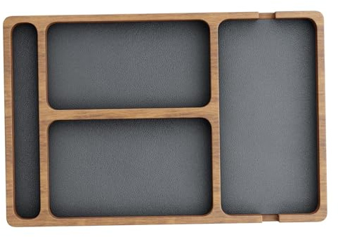 Bandeja de Valet de Madera con Incrustaciones de Cuero, Organizador de Nocturno de Compartimento para Hombres Mujeres, captando Todo Bandeja para Llaves, teléfono, Billetera, Reloj, Auriculares Organ