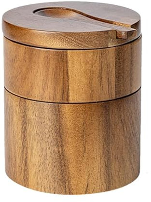 Cuenco para salero: recipiente de madera para sal, salero rústico con tapa giratoria y cuchara incorporada | Elegante salero para almacenamiento en la cocina de accesorios de sal marina y cond