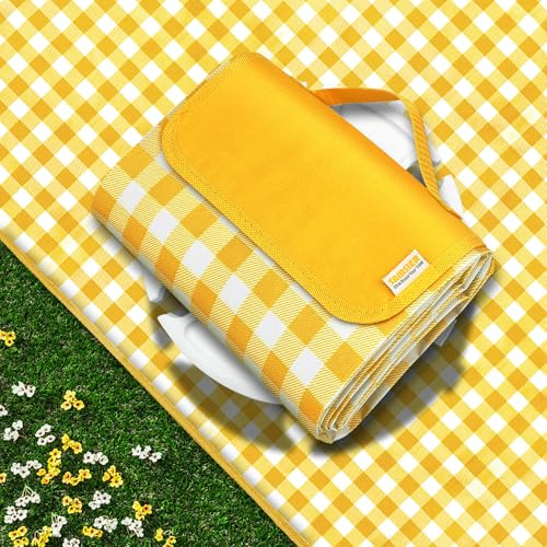 SAMSIER Outdoor Picnic Blankets Waterproof Foldable Sandproof, Large Gingham Cute Picnic Mat Washable Portable for Park Beach Camping Courtyard (Yellow, 200 x 200cm/80×80)