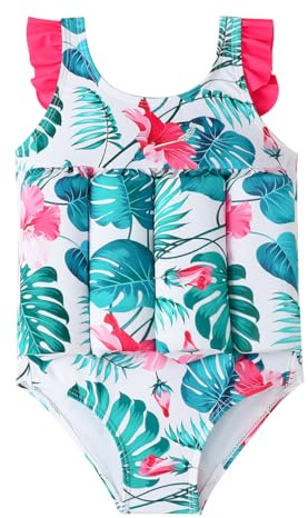 ABEHIK Kids Boys Girls Swimsuit with Floatation Toddler Float Suit One Piece Floating Swimwear Swim Vest with Adjustable Buoyancy Life Bathing Suit Green Leave 12-18M