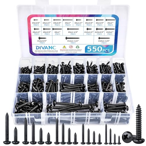 DIVANC 550Pcs 304 Stainless Steel Black Wood Screws Assortment Kit, Phillips Pan Head Sheet Metal Screw Self Tapping Screws Set, #4#6#8#10#12 Wood Assorted Screws (Black-Pan Head 550PCS)