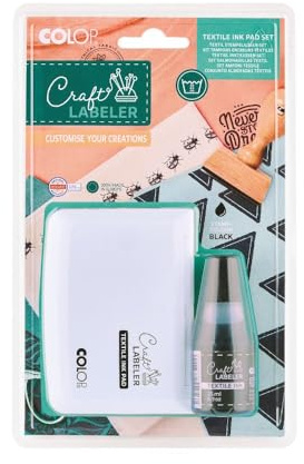 Craft Labeler - Juego de almohadillas para sellos textiles y tinta textil de 25 ml, para sellar textiles, color lavable a máquina hasta 90 °C