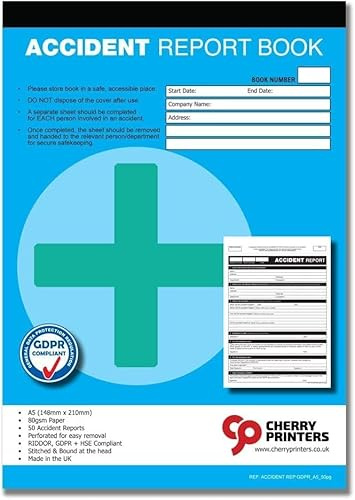 Cherry Printers GDPR Compliant Accident Report Book A5 | 50 Accident Forms | RIDDOR + HSE Compliant | Perforated for Easy Removal | 80gsm Paper | Stitched at Head | Made in UK | **8 Pack**