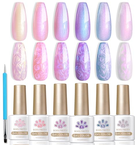 BORN PRETTY Pearl Gel Nail Polish, 6 Colors Shimmer Aurora Iridescent Pink Purple White Gel Nail Drawing Polish Soak Off UV LED Swirl Shell Thread Effect DIY Manicure Gifts