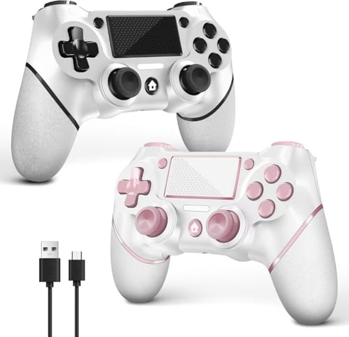 AceGamer 2 Pack Controller Wireless per PS4，Controller di gioco per PS4/Pro/Slim/PC，Gamepad Joystick con Turbo/Tasto Indietro/Doppio sensore di vibrazione/6-Axis Gyro (Rosa e Bianco)