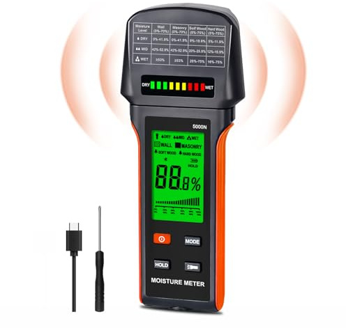 Wood Moisture Meter 4-in-1, 5000N Digital Inductive Moisturer Meter for logs, Walls, Masonry, Soft/Hard Wood, Firewood, LED Display, Flashlight, Hold, Alarm, 0.1% Resolution, ±4% Accuracy, DRY/MID/WET