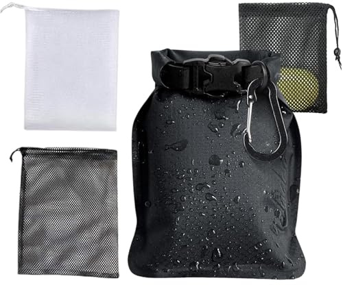 FHRYNA Sac à Savon de Voyage Imperméable et Étanche – Pochette Porte-Savon avec 2 Filets à Bulles Exfoliants et Mousqueton – Étui Souple à Séchage Rapide pour Camping, Sport et Randonnée – Noir