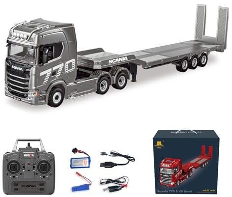 wheelfun Scania 770S 1501A 1/18 RC 6x4 Tracteur Camion Tracteur 19 Fonctions 3 essieux Plastique Semi-remorque à Plat Système d'éclairage et de Son Télécommande 2,4G Gris