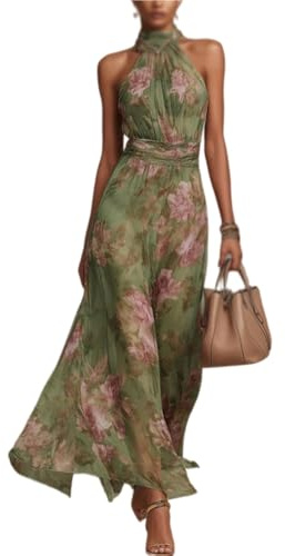 Vestido Lencero de Verano for Mujer,Elegante Vestido Largo sin Mangas con Estampado Floral,Vestido de Invitados de Boda for Fiesta en la Playa