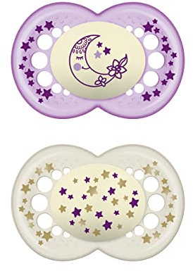 MAM Lot de 2 tétines en latex en caoutchouc naturel, brille dans le noir, à partir de 6 mois, avec tétine symétrique, plate et flexible, avec boîte auto-stérilisatrice, rose vif