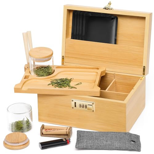 OZCHIN Große Bambusbox mit Zahlenschloss, Dekorative Aufbewahrungsbox für Zuhause, Geschenk, Aufbewahrungskiste mit Glasbehälter, Tablett, Wiederverschließbaren Beuteln und Mehr