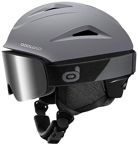 Odoland Casco Esquí con Gafas Esquí, Casco Esquí para Hombre Mujer y Jóvenes, Casco Deportes de Invierno con 10 Orificios de Ventilación, Forro Extraíble, Tmaño Ajustable, Gris, M