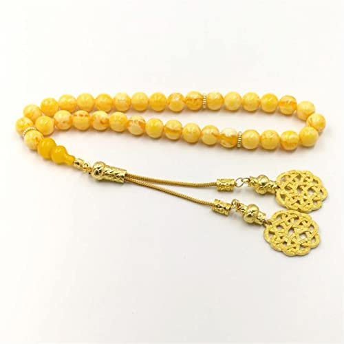 Eljjhah Muslimska radband bärnsten färg 33 66 99 pärlor Tasbih gåva Ramadan gyllene metall tofs mäns tarbons Misbaha islamiska armband (längd: 8 mm, metallfärg: 99 pärlor)