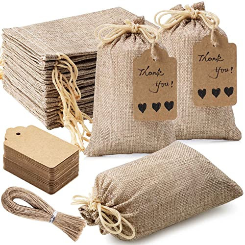 25 Stück Premium Jute-Geschenkbeutel mit Reißverschluss und 25 Stück Geschenk-Umschläge & Schnur, 10 x 15 cm wiederverwendbare Jute-Geschenkbeutel für Hochzeitsgeschenke, Party, Weihnachten, DIY