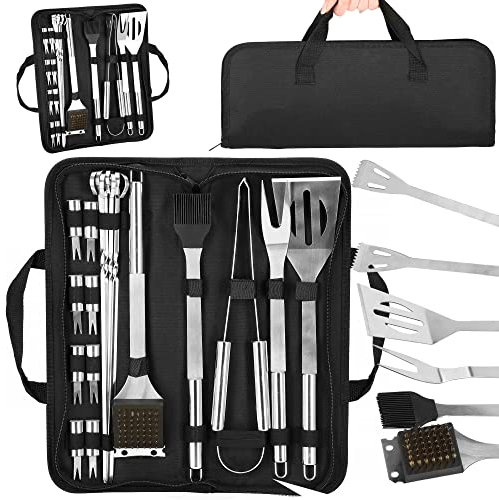 SPRINGOS Lot de 5 ustensiles de barbecue avec sac de transport - En acier inoxydable - Pince à viande - Spatule - Couteau, fourchette, couteau, pinceau