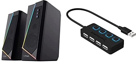 Trust GXT 609 Zoxa - PC Lautsprecher mit 6 RGB Beleuchtungsarten, USB, 12W, Schwarz & Sabrent USB Hub 2.0 Datenhub Verlängerung Adapter