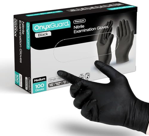 OnyxGuard Black Medical Grade Nitrile Examination Gloves - Multipurpose, Powder Free and Latex Free Disposable Gloves - Box of 100, Extra Small