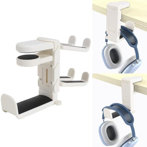 Minnhua Soporte Auriculares Gaming Soporte para Cascos con 2 Ganchos giratoria de 360° Soporte para Cascos Debajo Escritorio Soporte para auriculares con Abrazadera Ajustable Clip para Cable(Blanco)