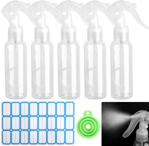 Kayqbonke Lot de 5 flacons pulvérisateurs - 100 ml - Petit vaporisateur transparent - Mini vaporisateur étiqueté - Pour liquide, cosmétique, nettoyage, soins du corps