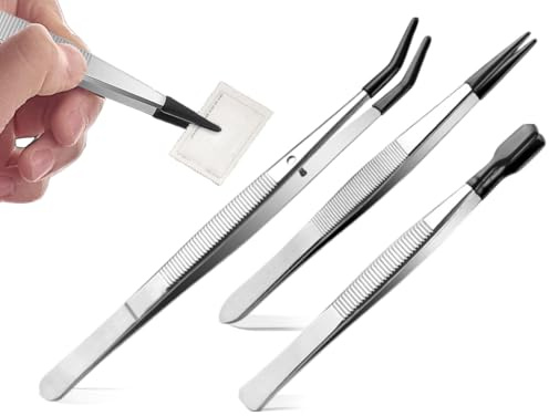 AOYEGIC 3 st pincett set, platt rostfritt stål böjd spetsig pincett, hantverkspincett, spaltpincett med gummispetsar, för hantverk, smycken, elektronik