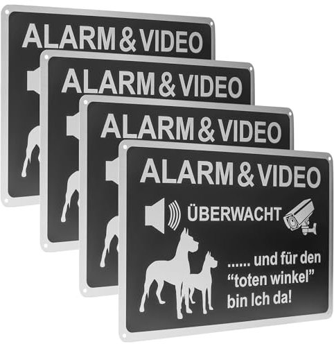 Señales de advertencia de perro (4 unidades, 20 x 30 cm, autoadhesivas, de aluminio, para videovigilancia)