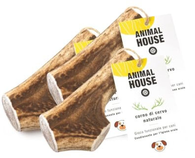 Animal House 3 Pezzi Corna di Cervo per Cani Intere, Masticativo Naturale al 100%, Rafforza Igiene Orale, Resistenti e Duraturi, Disponibili in Tutte le Taglie (3, L)
