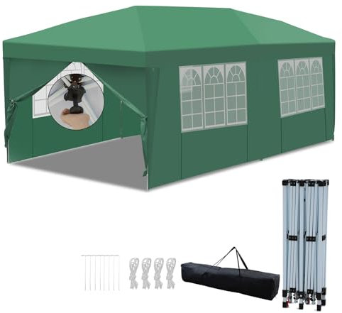 Hebitod Pabellón 3x6m con paredes laterales, Pabellón plegable 3x6 resistente al agua, estable, resistente al invierno, con cierre central, tienda de jardín, tienda de fiesta con bandera plegable