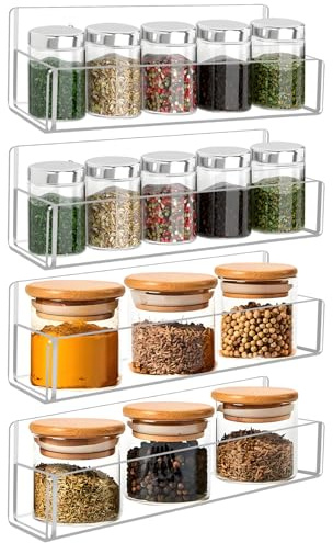 Douildhaiy Acrylic Spice Rack Wall Mount-9 Inch, Clear Spice Shelf Storage Holder, 4 Pack Hanging Seasoning Rack Organizer for Cabinet Door, Cupboard or Wall Kitchen (Adhesive or Screw)