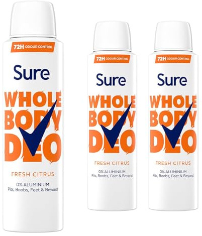 Sure Deodorant Spray Fresh Citrus, Pack of 3, Whole Body Deodorant for Women Aluminium Free Deo Spray with Fresh and Floral Fragrance Provides 72-Hour Odour Control, 150 ml